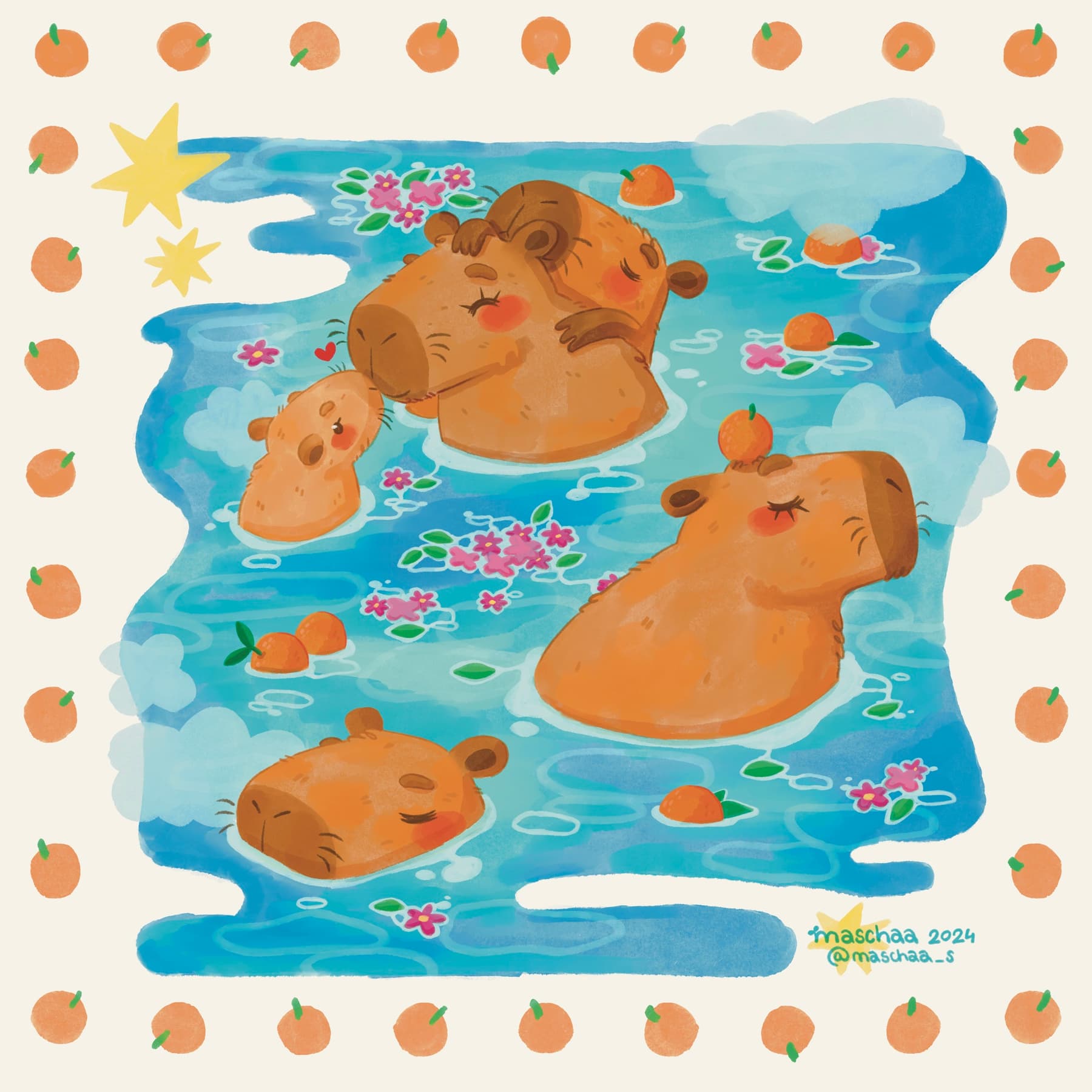 une famille de capybaras se prélasse dans l'eau au milieu des mandarines et des fleurs