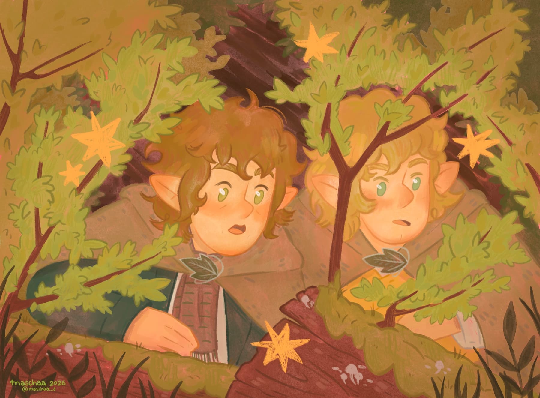 deux hobbits aux yeux verts jettent un œil à travers les feuillages