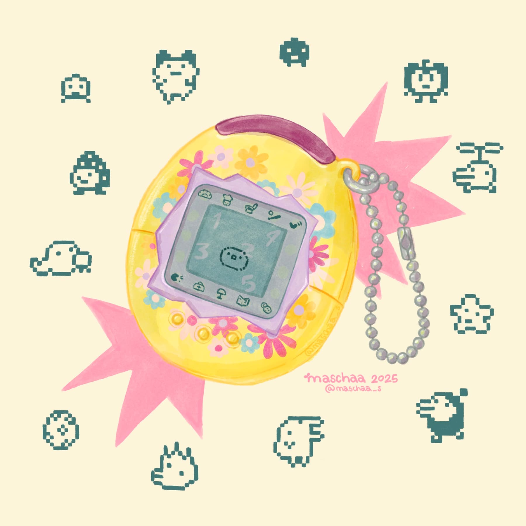 un tamagotchi jaune fleuri entouré de petites créatures en pixel art